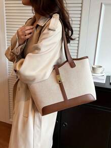 Bolso de hombro con doble asa y ribete de contraste, informal, para trabajo, escuela, ideal para universitarios, adolescentes y jóvenes, perfecto para exteriores, viajes y vuelta al colegio