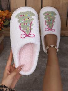 2024 新款圣诞树刺绣图案女士室内毛绒拖鞋秋冬圣诞防滑厚底舒适居家保暖毛毛拖鞋 - 彩色 - 查看 7