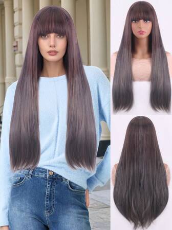 28 Inch Straight Wig Gray Brown Gradient Style With Bangs Long Straight Hair Rose Net High Temperature Silk Chemical Fiber Wig, Party Day Halloween Daily Use High Quality Women's Use Natural Beauty High Quality Chemical Fiber Soft Wearable