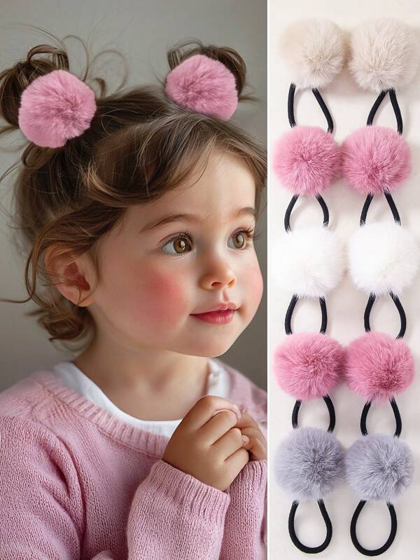 8pcs/Set Girls Baby Pompom Fluffy Scrunchies Hair Ties, Elastic Hair Bands Princess Hair Accessories, Suitable For Daily Use