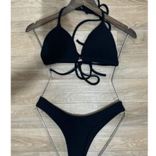 Conjunto De Biquini Asa Delta Tecido Canelado Com Bojo Cortininha - Preto - Visão 2