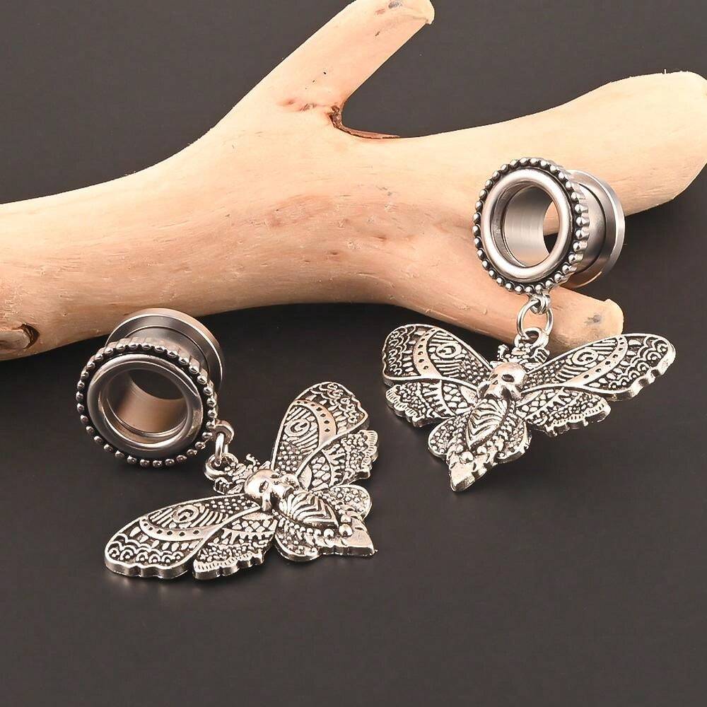 2 Pieces Stainless Steel Butterfly Pendant Dangle Ear Plugs Tunnels