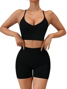 2 件无缝超弹力瑜伽套装运动套装和外穿背心紧身短裤健身套装 - 黑色 - 查看 2