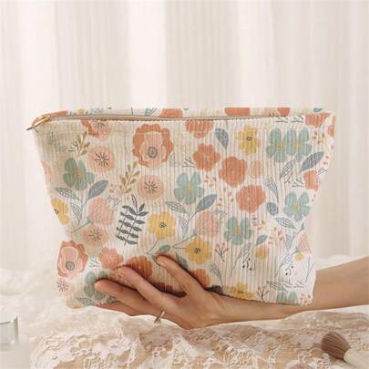 Plants Pattern Corduroy Makeup Bag, Lightweight Zipper Cosmetic Storage Bag Sweet Style Versatile Toiletries Organizer, Gift For Girls Women Friends Back To School ,School Supplies,Shop Back To School