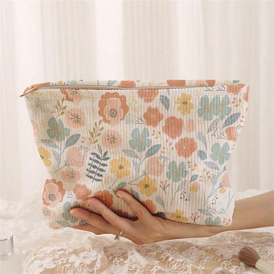Nécessaire de veludo cotelê floral, estojo organizador de maquiagem leve com zíper, nécessaire multifuncional com estilo delicado, presente para meninas, mulheres e amigas, material escolar, compras para a volta às aulas. - Multicolorido - Ver 1