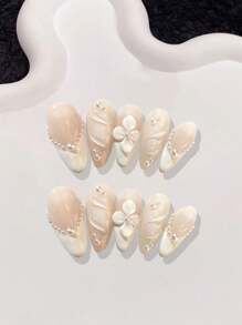 10 件套手工白色新娘婚礼按压指甲、3D 花朵凝胶手绘按压指甲、伴娘指甲套装、法式杏仁指甲、女士女孩日常佩戴的水晶指甲，配美甲工具、美甲用品 - 白色 - 查看 2