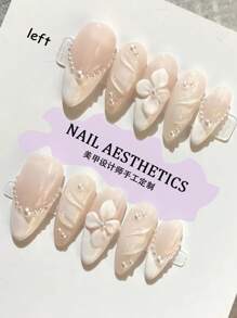 10 件套手工白色新娘婚礼按压指甲、3D 花朵凝胶手绘按压指甲、伴娘指甲套装、法式杏仁指甲、女士女孩日常佩戴的水晶指甲，配美甲工具、美甲用品 - 白色 - 查看 1