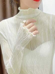 Women High Collar Long Sleeve Lace Blouse With Ruffle Trim Sheer Mesh Top - Apricot - View 4