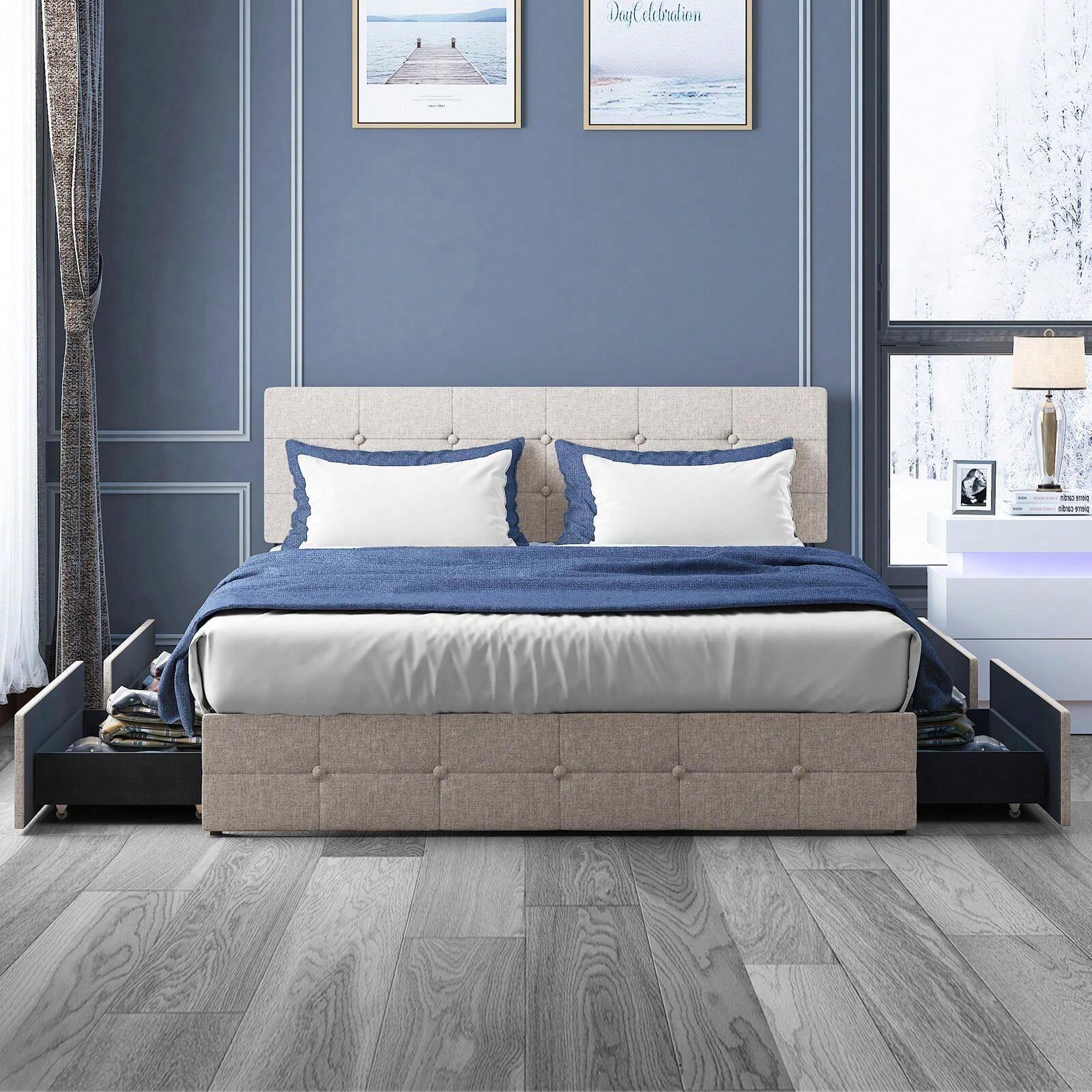 Platform Bed Frame With 4 Storage Drawers, Queen Size Bed Frame No Box