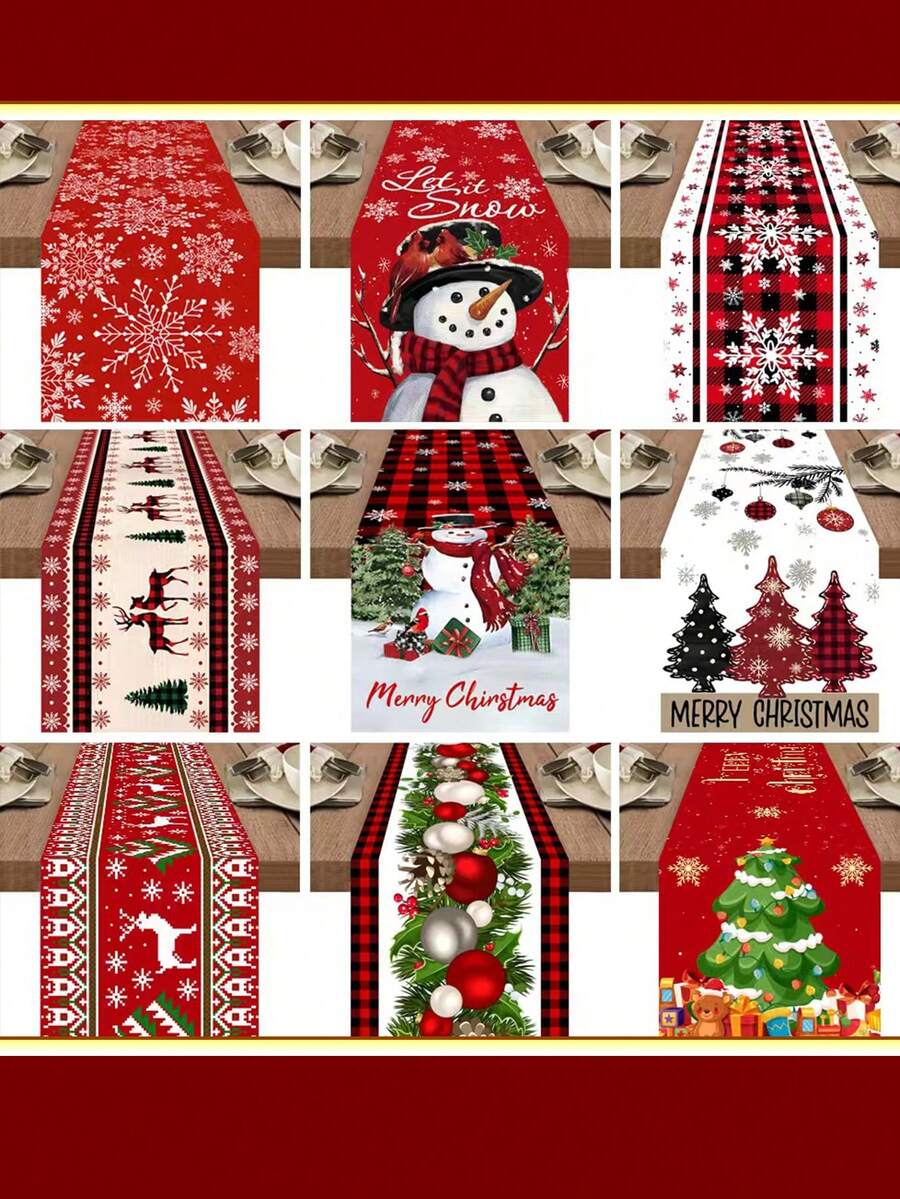1 件 35*180 厘米涤纶圣诞老人和圣诞树图案桌布，2024 年圣诞节派对餐桌餐厅的圣诞装饰，2025 年新年快乐节日装饰，农舍风格室内户外圣诞节派对装饰，创意印花圣诞桌旗 - 彩色 - 查看 1