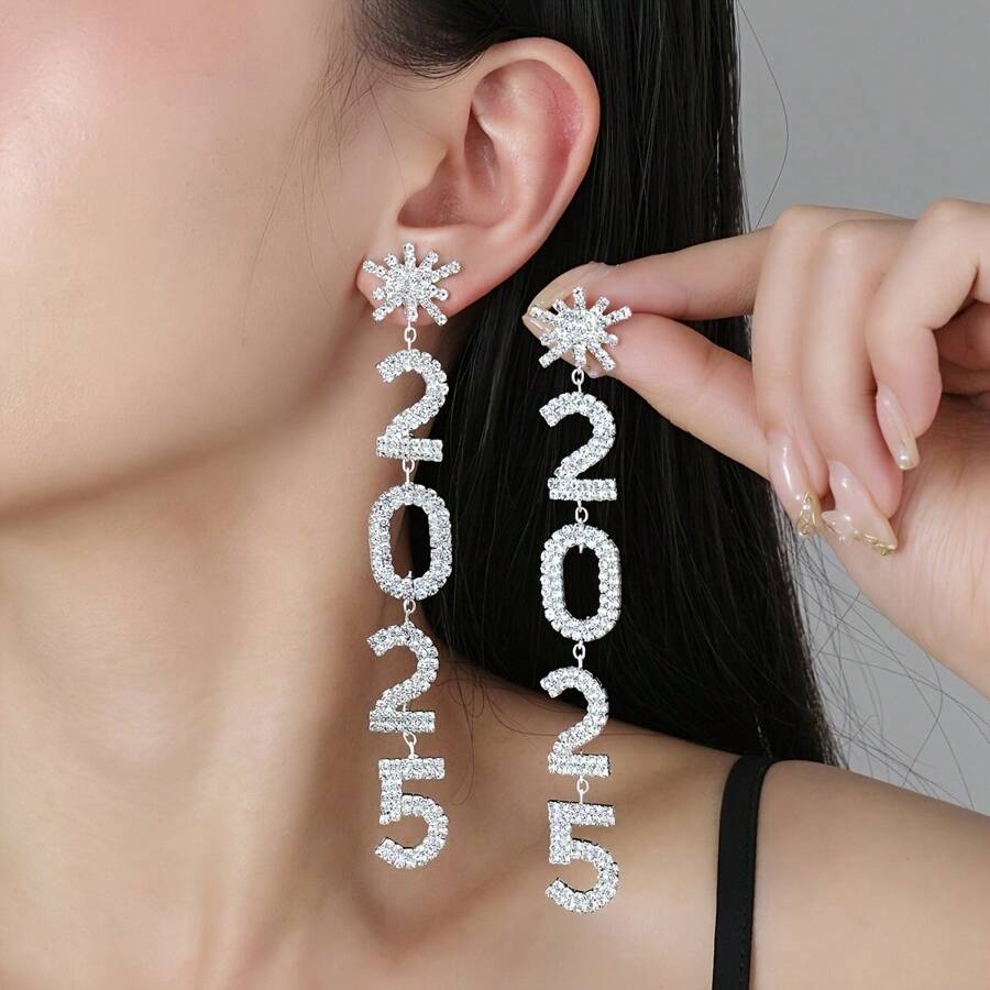 1 par Brincos Longos de Floco de Neve Elegante com Strass 2025, Pendente, Tassel Geométrico, Número, Brincos Pendentes, Presentes de Joias para Mulheres, Natal e Ano Novo