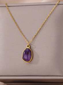 1 pièce Collier pendentif en pierre naturelle violette asymétrique en acier inoxydable pour femme, accessoire mode pour un port quotidien