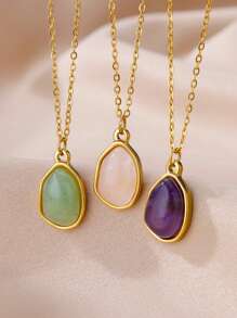 1 pièce Collier pendentif en pierre naturelle violette asymétrique en acier inoxydable pour femme, accessoire mode pour un port quotidien