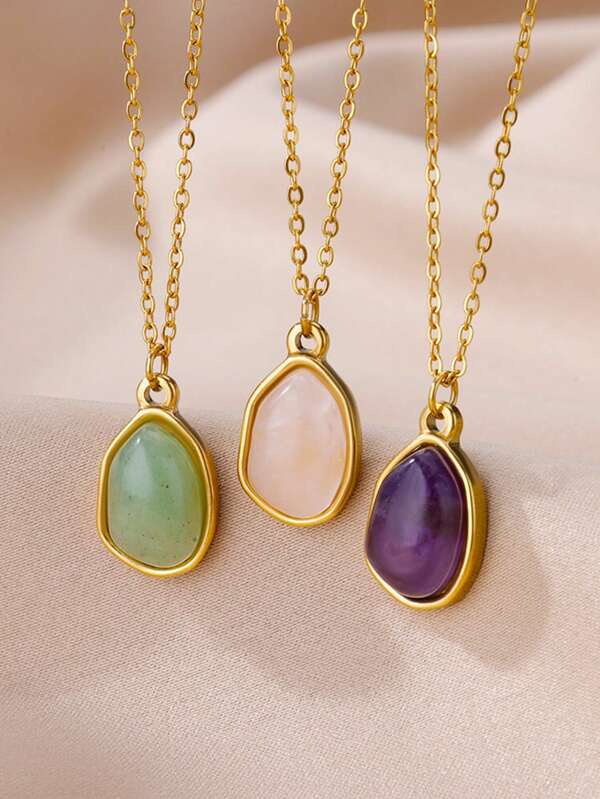 1pc Women's Asymmetrical Green Stone Pendant Necklace In Stainless Steel, European & American Style Fashion Accessory For Daily Wear