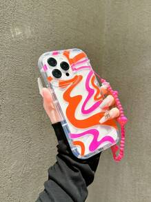 Colorful Graffiti Oil Painting Wave Pattern Anti-Drop Phone Case With Heart Lanyard, Compatible With Apple 17/16/15/14 Pro Max, High-Quality New Model 13, 15, Ins Style 12/12 Pro, 11, 13 Pro Max, XS, 12 Pro Max - Hot Pink - View 3