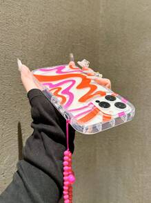 Colorful Graffiti Oil Painting Wave Pattern Anti-Drop Phone Case With Heart Lanyard, Compatible With Apple 17/16/15/14 Pro Max, High-Quality New Model 13, 15, Ins Style 12/12 Pro, 11, 13 Pro Max, XS, 12 Pro Max - Hot Pink - View 2