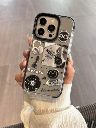 1 件双色透明黑边镜头框架高温喷漆创意黑色耳机CD音乐防摔可爱全包Tpu+Pc优质材质手机壳兼容iPhone