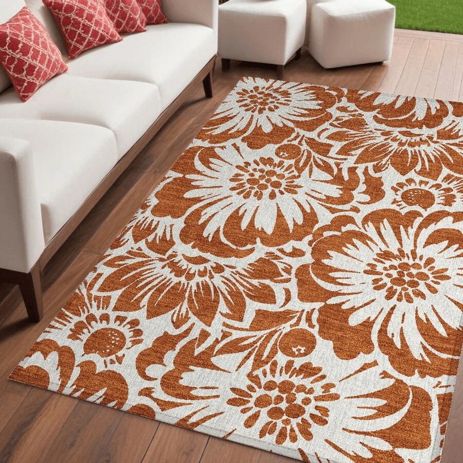 5' X 8' Rust And Ivory Floral Washable Non Skid Indoor Outdoor Area Rug - Multicolor - View 1
