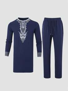 1 conjunto Conjunto Dashiki Azul Marinho Masculino, Gola e Punhos Bordados, Manga Longa, Calça de Cintura Elástica, Traje Africano, Camisa e Calça Casuais Masculinas 2 Peças, Novo Estilo para Todas as Estações, Casamento, Festa, Encontro, Uso Diário
