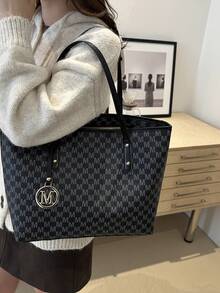 Túi Tote Jacquard Color Block thời trang, Balo đi học dung tích lớn cho nữ, Túi xách sử dụng hàng ngày, Quà tặng cho ngày hẹn hò, Túi Tote sang trọng nhẹ - màu đen - Xem 5