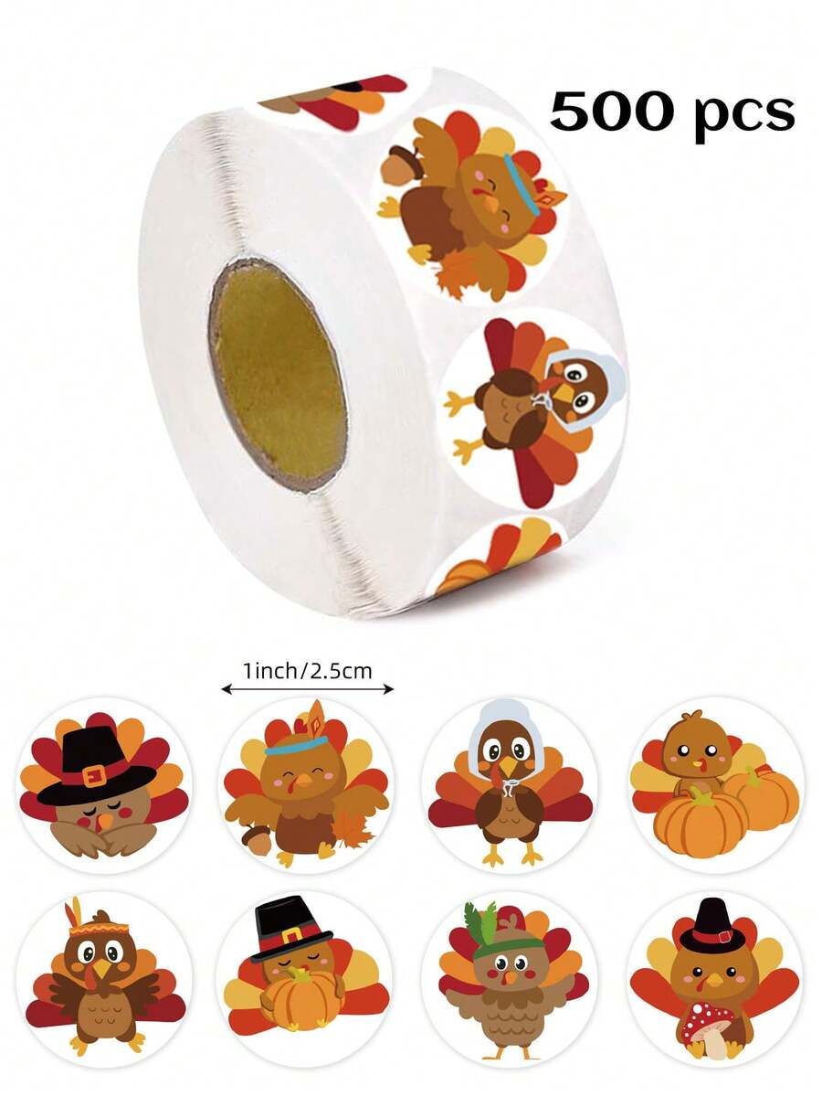 500 张/卷卡通火鸡南瓜枫叶贴纸，圆形感恩节 DIY 礼品袋剪贴簿密封标签工艺用品，PVC 防水贴纸 - 彩色 - 查看 1