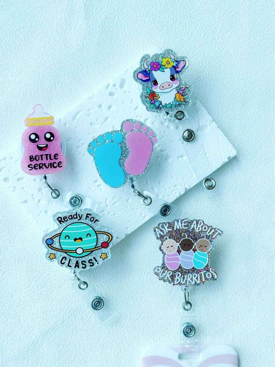 1 件可伸缩 ID 徽章卷轴，带有各种可爱元素，如星球、瓶子、婴儿、脚印、小牛，适合作为教师礼物或学生/员工日常佩戴 - 多色 - 查看 1