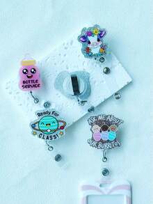 1 件可伸缩 ID 徽章卷轴，带有各种可爱元素，如星球、瓶子、婴儿、脚印、小牛，适合作为教师礼物或学生/员工日常佩戴 - 多色 - 查看 2