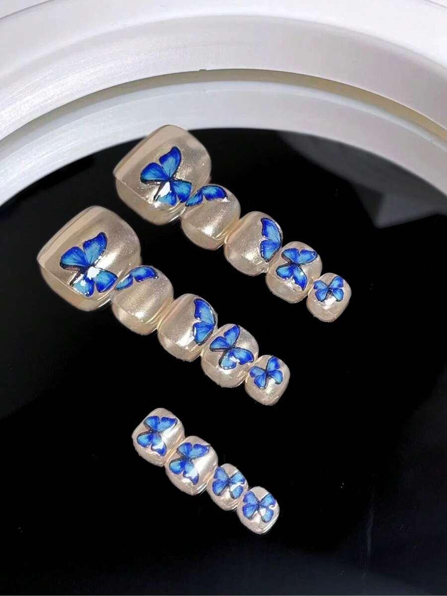 14 件手工制作简约镜面蓝蝴蝶脚趾甲贴纸 - 彩色 - 查看 1