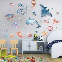 1pc Fish Print Wall Sticker, Cartoon Coral And Fish Print Wall Sticker, Undersea Blue Ocean Wall Sticker, Cartoon Removable Underwater Sea Wall Sticker, Whale Devil Ray Manta Ray Fish Wall Sticker, Suitable For Home Decor, Nursery Bedroom Living Room, Playroom, Watercolor Marine Life Decor, Stickers, Wall Decal, Vinyl Decal For Home Decorations, Spring Decoration Items Refresh Your Home, Rama Decoration Stickers Gifts Birthday Graduation - Multicolor - View 15