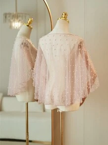 1pc Women Short Bridal Pearl Shawl, Simple High Low Mesh Cape Wrap Pullover Style Fall Clothes For Women