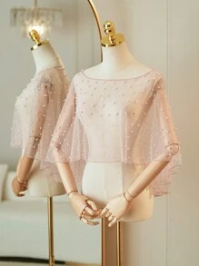 1pc Women Short Bridal Pearl Shawl, Simple High Low Mesh Cape Wrap Pullover Style Fall Clothes For Women