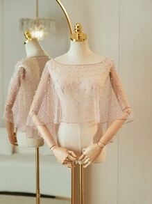 1pc Women Short Bridal Pearl Shawl, Simple High Low Mesh Cape Wrap Pullover Style Fall Clothes For Women