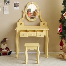 Kids Girls Vanity Table Set Makeup Dressing Table Stool Mirror With 3 Drawers - 橘色 - 查看 1