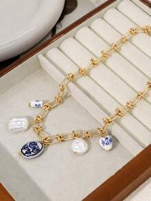 1 chiếc vòng cổ mặt dây chuyền ngọc trai bất đối xứng in gốm, trang sức thời trang phù hợp cho trang phục hàng ngày của phụ nữ, hẹn hò và tiệc tối. Chuỗi thủ công có thể được cắt theo chiều dài mong muốn làm quà tặng ngày lễ tình nhân cho bạn gái - mặt dây chuyền gốm - Xem 4