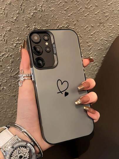 1pc INS Style Simple Black Line Heart Design Shockproof Phone Case Compatible With Samsung And Apple Phones Waterproof Anti-Fall Scratch Resistant