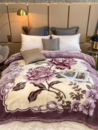 1 件圣诞花卉图案毯子，柔软双层拉舍尔毛毯，长毛绒，温暖舒适，适用于卧室、客厅、旅行