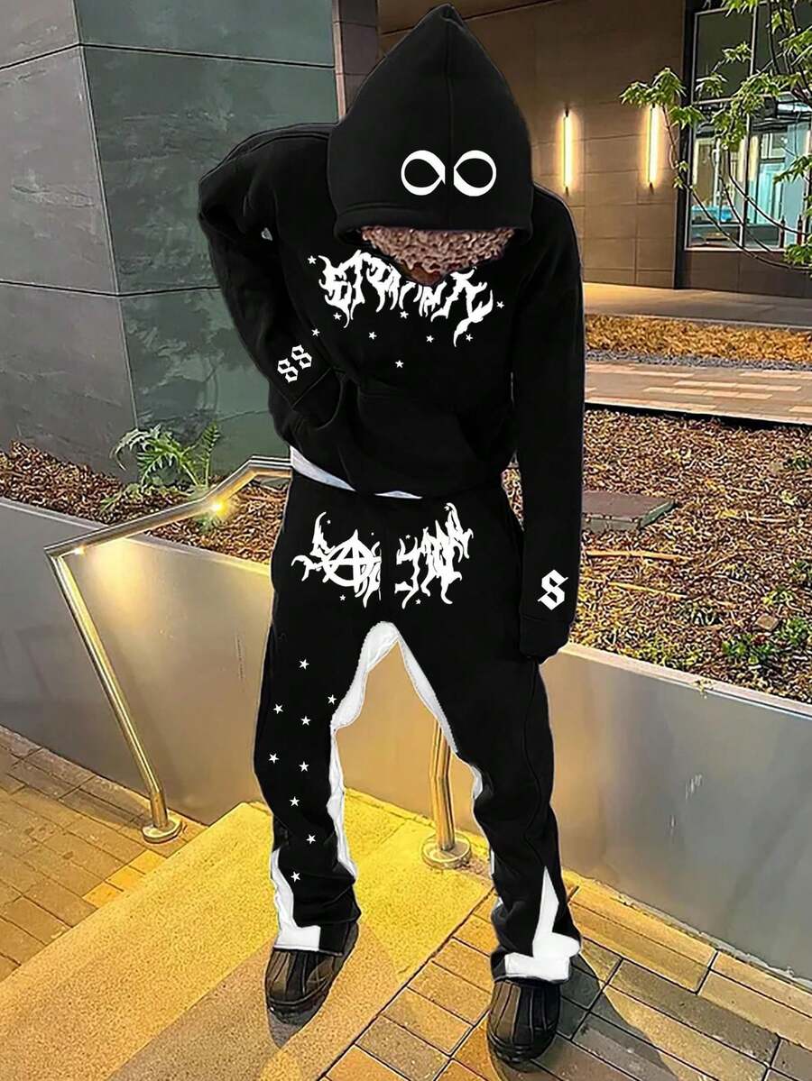 Y2K 时尚男士图案印花连帽衫和运动裤套装，街头风格 - 黑色 - 查看 1