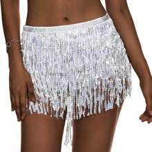 Women's Party Skirt Fringe Sequin Sequins Carnival Belly Dance - Bạc - Xem 1