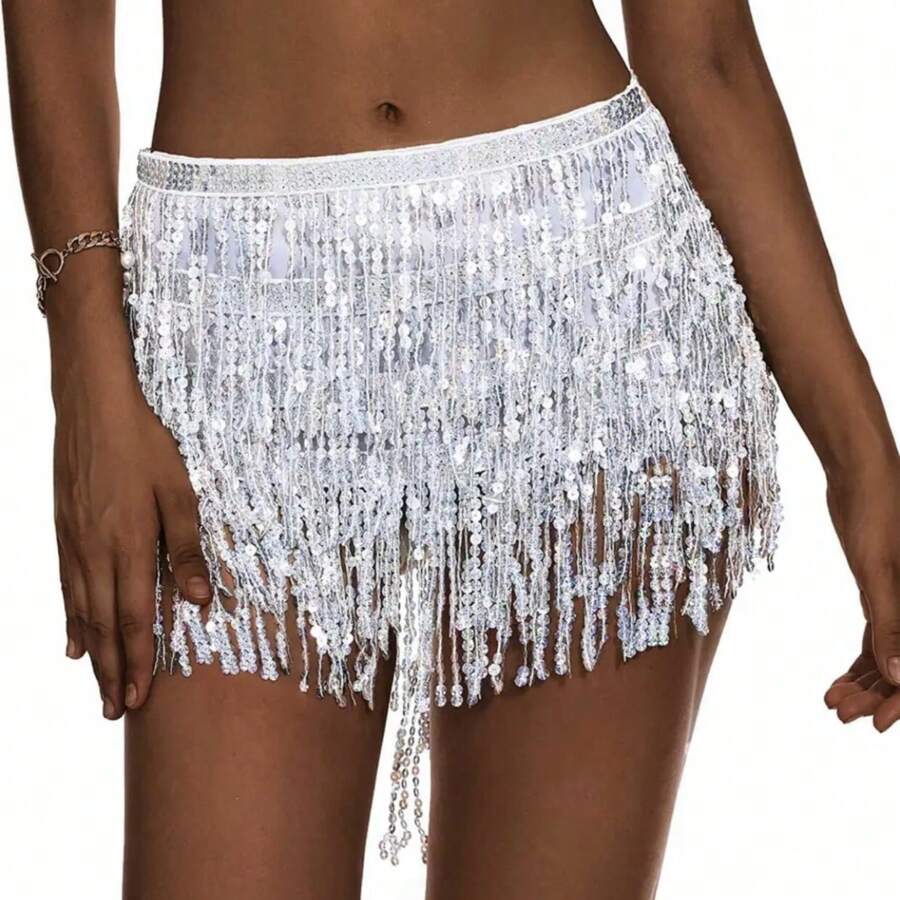 Women's Party Skirt Fringe Sequin Sequins Carnival Belly Dance - Bạc - Xem 1