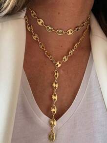 2pcs Coffee Bean Shaped Pendant Necklace With Stainless Gold Plating Y-Shaped Chain Necklace Fashionable Minimalist Style Suitable For Men Women Daily Wear - Gold - View 5