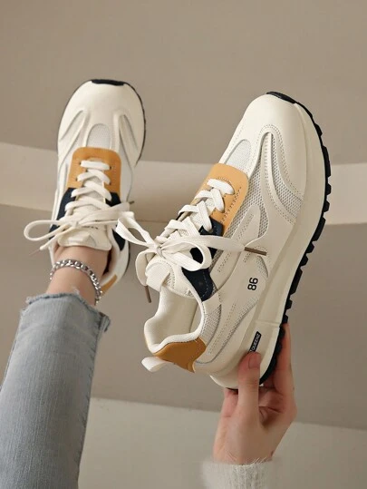 2024 New Women Thick Sole Mesh Trainers, Colorblock Fashion Chunky Sneakers, Flat, Versatile Beige Casual Sneakers For Four Seasons
