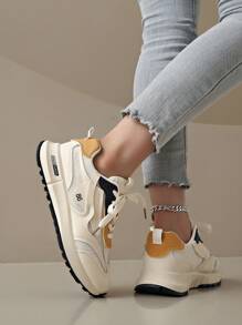 2024 New Women Thick Sole Mesh Trainers, Colorblock Fashion Chunky Sneakers, Flat, Versatile Beige Casual Sneakers For Four Seasons - Multicolor - View 2