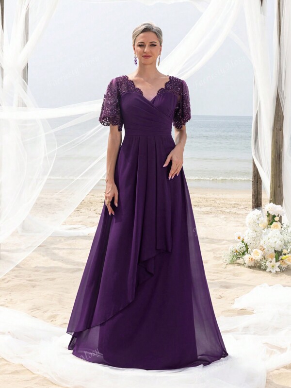 Faeriesty Mosy Lace Short Sleeves Surplice Neck Floor Length Formal Party Dress Mother Of The Bride Dress