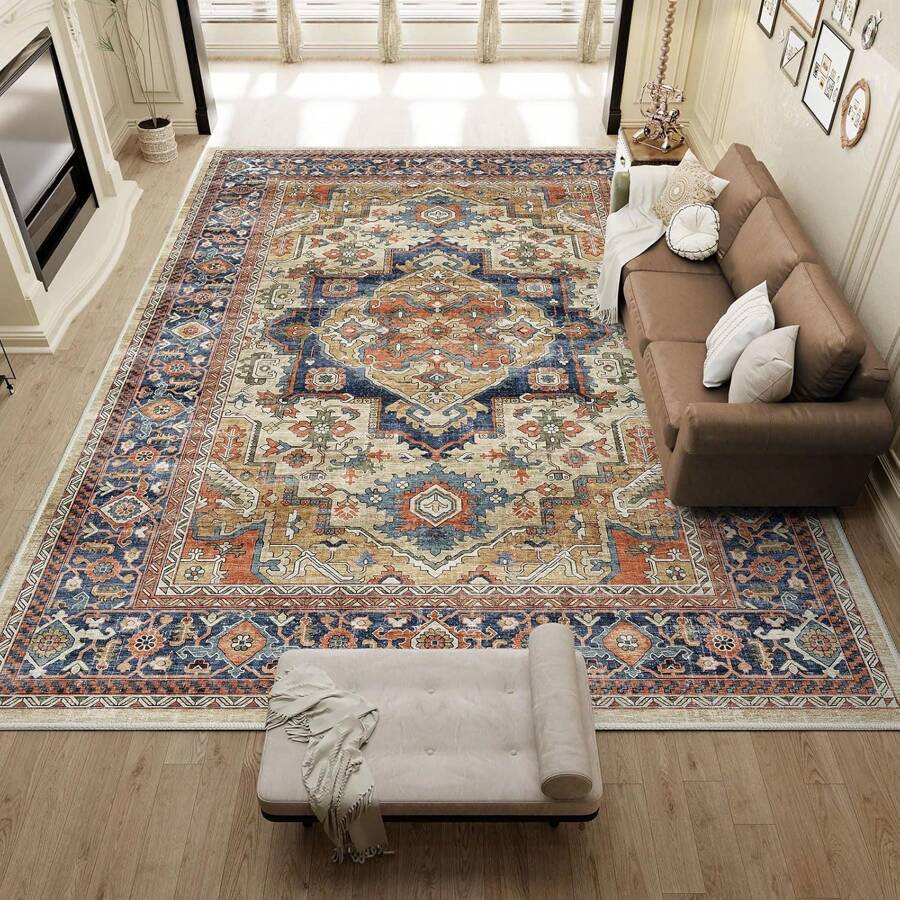 Orhopui Machine Washable Area Rugs -  Vintage Area Rug For Living Room, Bedroom, Home Office, Stain Resistant Non-Slip Backing Rugs, Ultra-Soft Floral Print Carpet, Blue - Blue - View 1
