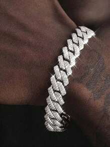 3pcs Set Fashionable Sparkling Crystal Cuban Link Chain Bracelet For Women Men, Thick Hip Hop Ice Chain Jewelry, Ideal For Valentine's Day, Holiday Party Gifts