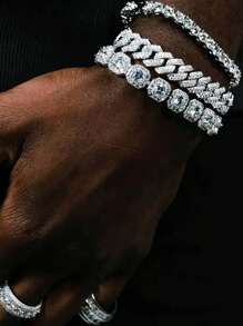 3pcs Set Fashionable Sparkling Crystal Cuban Link Chain Bracelet For Women Men, Thick Hip Hop Ice Chain Jewelry, Ideal For Valentine's Day, Holiday Party Gifts