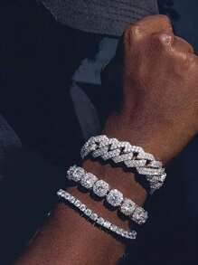 3pcs Set Fashionable Sparkling Crystal Cuban Link Chain Bracelet For Women Men, Thick Hip Hop Ice Chain Jewelry, Ideal For Valentine's Day, Holiday Party Gifts