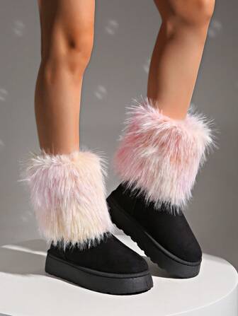 蓬松厚底雪地靴，保暖加厚女鞋，撞色时尚靴子