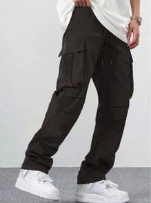 Men's Fashion Multi-Pocket Decorated Straight Leg Loose Baggy Cargo Pants, Loose Fit Parachute Jogger Pants, Street Style - Coffee Brown - View 3