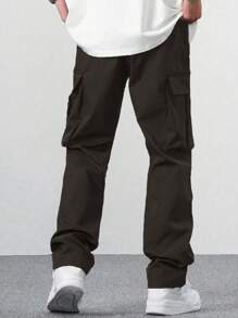 Men's Fashion Multi-Pocket Decorated Straight Leg Loose Baggy Cargo Pants, Loose Fit Parachute Jogger Pants, Street Style - Coffee Brown - View 2